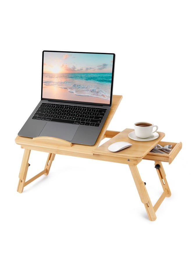 CHIYLE Laptop Desk Table Adjustable 100% Bamboo Foldable Breakfast Serving Bed Tray w' Tilting Top Drawer - Image 1